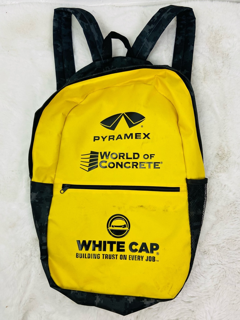Pyramex Yellow & Black camo White Cap Branded world of concrete Backpack